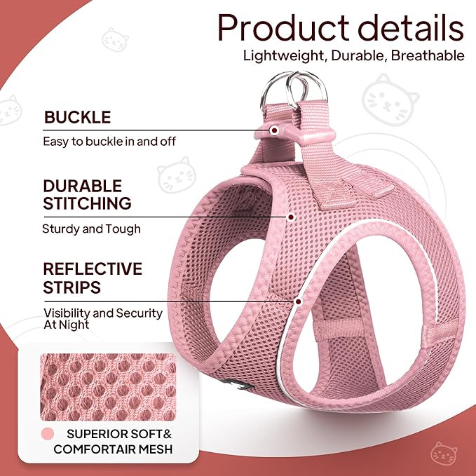 TwoEar Cat Harness Escape Proof, Soft Dog Vest Harness Adjustable, Breathable Mesh Step-in Puppy Walking Jacket Reflective Easy Control for Extral Small Pets for Outdoor Walking (XXXS, Pink)