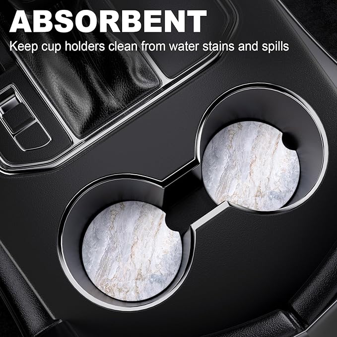 2 Pack Car Cup Holder Coaster, 2.63 inch Anti Slip Insert Absorbent Ceramic Car Coaster with Cork Base and Finger Notch, Cute Car Accessories Interior for Women, Cute Car Coasters., CH0025