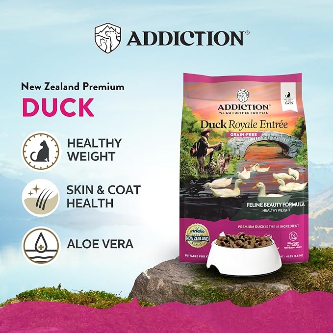 Addiction Duck Royale – Cage-Free New Zealand Duck Recipe – Feline Beauty Blend - Complete & Balanced - Gentle on Digestion - Grain-Free Dry Cat Food for All Life Stages – 4lbs