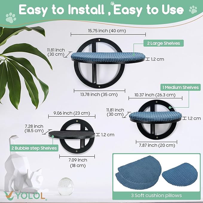 Bubble Cat Wall Shelves - Black Cat Wall Hammock,Modern 5 Large Steps & perches, Sturdy Indoor beds with Cushion for Sleeping, Climbing, Mount Scratcher - Decor Furniture, Easy Installation