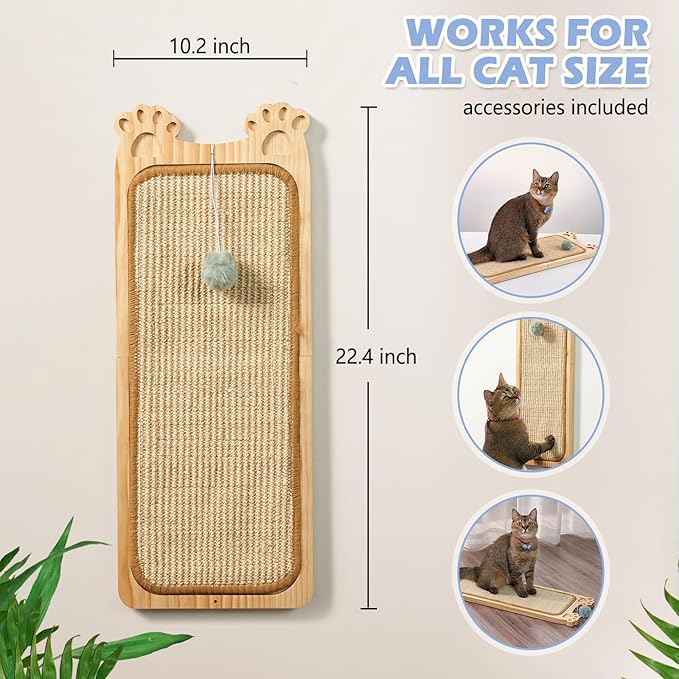 Wall Mounted Cat Scratcher, Cat Wall Scratching Post, Sisal Cat Wall Scratcher with Cat Ball Toy, Wood Cat Scratching Board for Indoor, Cat Wall Furniture Scratch, Cat Wall Scratcher