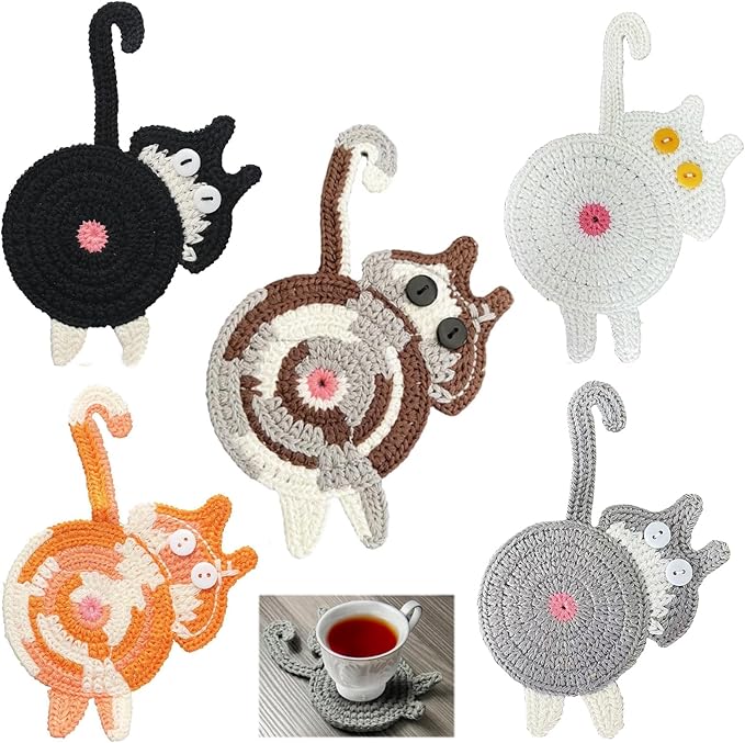 5PCS Drink Coasters - Woven Creative Cute Cat Coasters for Coffee and Tea - Desktop Gifts