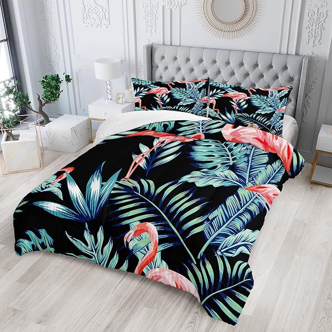 AILONEN Flamingo Comforter Set for Girls Kids, Tropical Flamingo Pattern Bedding Set Queen Size,Superior Quilt Ultra Soft,3 Piece 1 Comforter and 2 Pillowcases,Microfiber Fabric