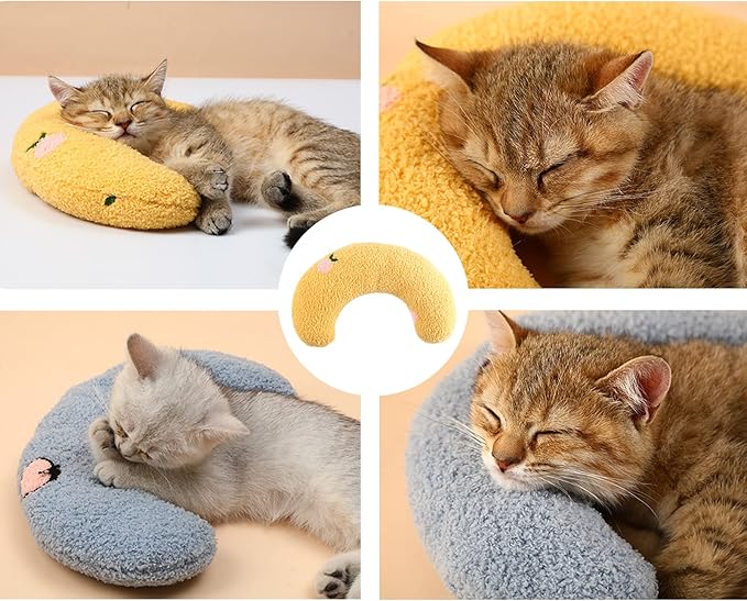 Cat Pillows for Indoor Cats, Soft Fluffy Dog Calming Pillow, Little Dog Pillows, U Shaped Half Donut Cuddler with Cute Embroidery, Washable Neck Protector Pillows for Small Dogs and Cats (yellow)