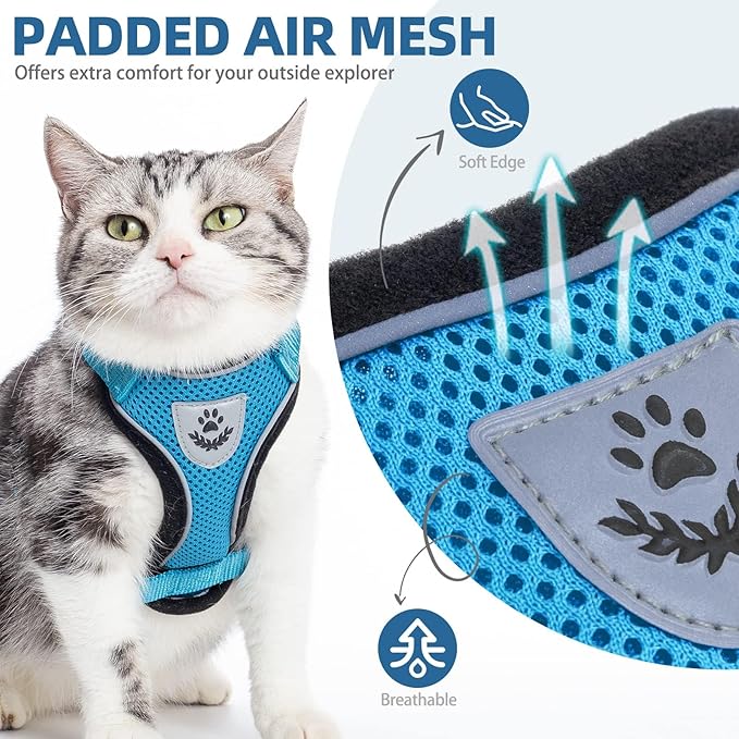 PUPTECK Cat Harness and Leash Set Escape Proof Reflective Cat Walking Harness Adjustable Soft Breathable Mesh Vest for Small Pets, Blue, S