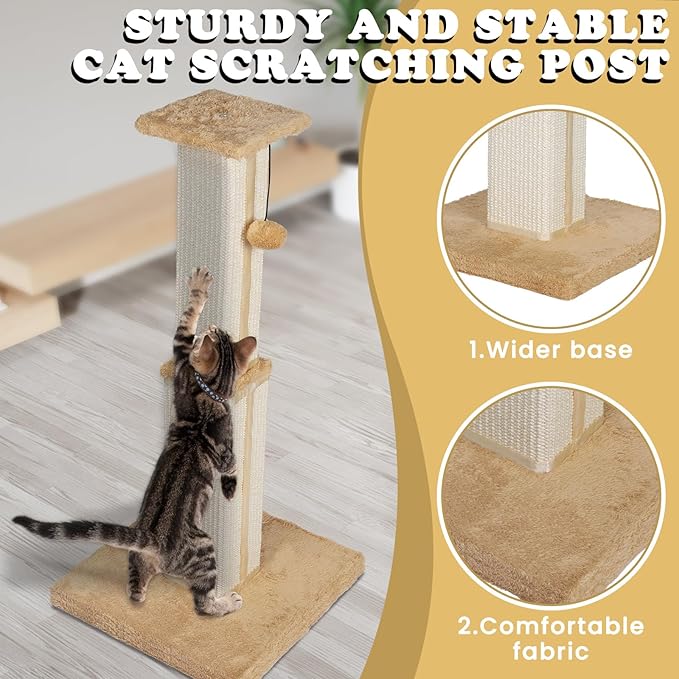 Scratching Posts for Indoor Cats Adults & Kitten,31.1" H Cat Scratching Post,Tall Sisal Cat Scratching Post with Hanging Ball,Beige