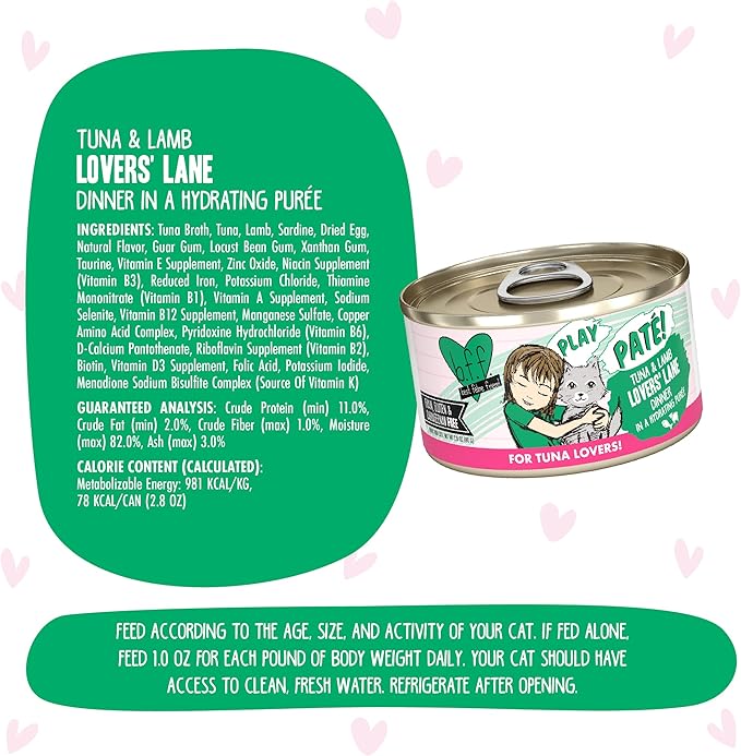 B.F.F. PLAY - Best Feline Friend Paté Lovers, Aw Yeah!, Tuna & Lamb Lovers' Lane with Tuna & Lamb, 2.8oz Can (Pack of 12)