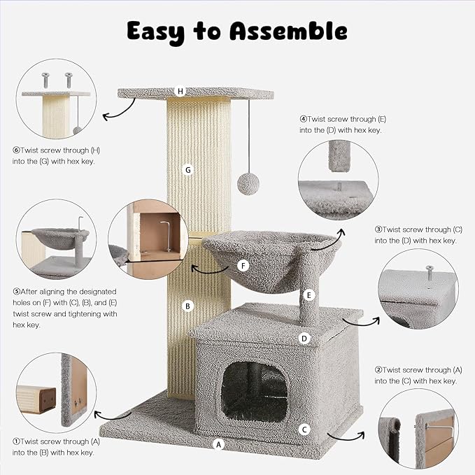 Small Cat Tree, 31 Inches Tall Cat Scratching Post with Perch & Condo & Hammock, Natural Woven Sisal Cat Post Sctacher, Kitten Scratching Posts for Indoor Cats, Cat Scratch Tower, Gray