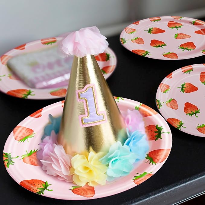 96 Pcs Strawberry Birthday Party Plates Napkins Forks Supplies Summer Fruit Tableware Set Disposable Strawberry Theme Decoration for Girls, Serves 24 Guests