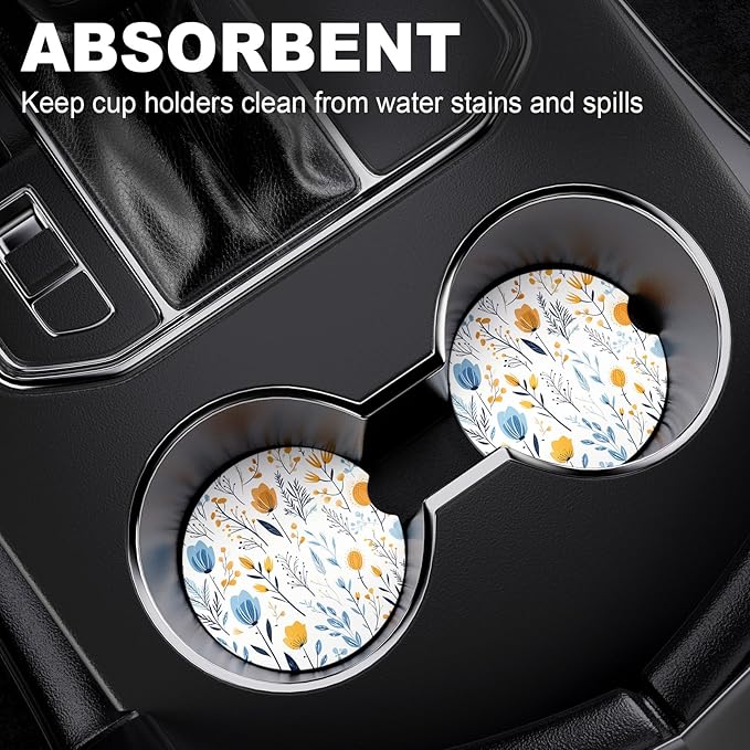 2 Pack Car Coaster, 2.63 inch Anti Slip Insert Absorbent Ceramic Coaster with Cork Base and Finger Notch, Cute Car Accessories Interior for Women