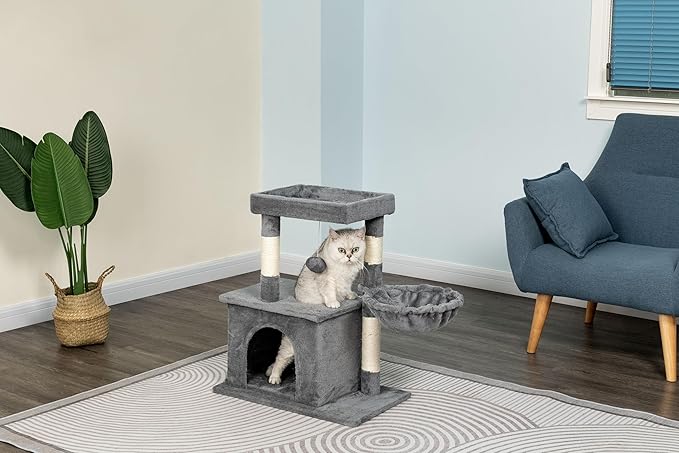 Go Pet Club Everyday Value 26in Cat Tree Tower Cat Condo Comfy Large Perch, Scratching Posts, Dangling Ball, Cat Play Tower for Cats and Kittens, Gray