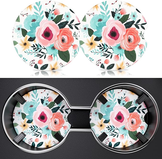 2 Pack Car Cup Holder Coaster, 2.63 inch Anti Slip Insert Absorbent Ceramic Car Coaster with Cork Base and Finger Notch, Cute Car Accessories Interior for Women, Cute Car Coasters., CH0025