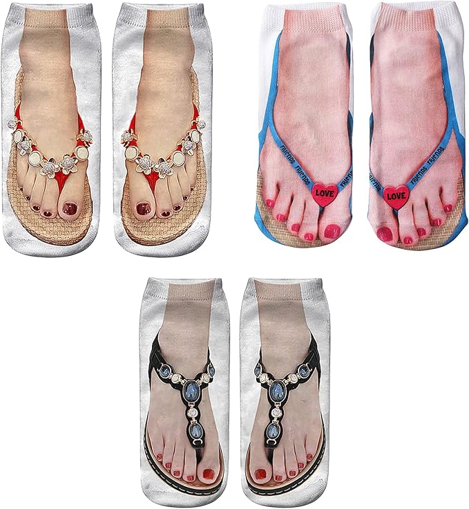 3D Manicure Print Socks Funny Flip Flop Socks 3D Pattern Socks Sandal Socks Low Cut Ankle Silly Socks- A Gag Gift