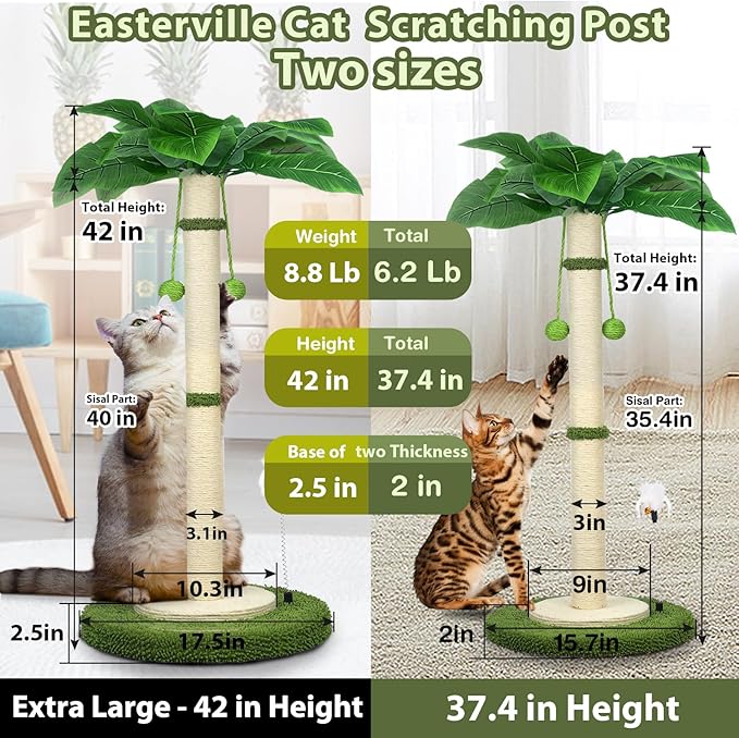 Cat Scratching Post, 37.4 Inch Tall Scratching Posts for Indoor Cats, Sisal Rope Scratching Post with Hanging Ball, Cat Scratcher Post for Large Cat & Kitten with Feather Toy
