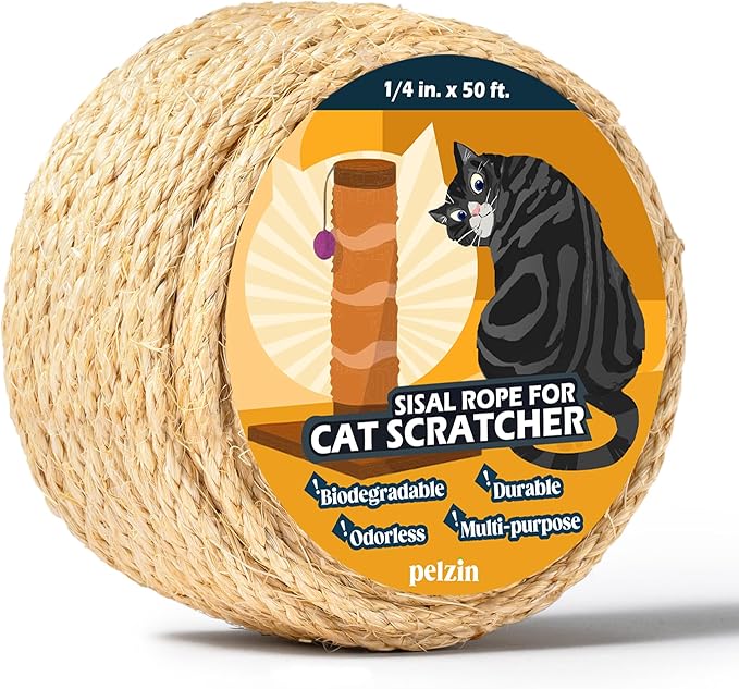 Natural Sisal Rope for Cat Scratcher 1/4 Inch by 50 Feet, Cat Tree Rope Twine for Cat Scratching Post Replacement, Cat Tower with Scratch Post Repairing, Replace, Recovering and DIY, Natural