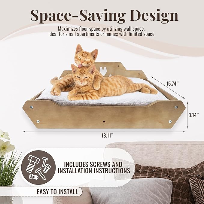 Wall Mounted Cat Bed and Hammock – Padded Cat Shelf for Large Cats – Cat Perch Wall – Cat Shelves for Wall – Floating cat Shelves – Easy Install – Space-Saving Cat Wall System