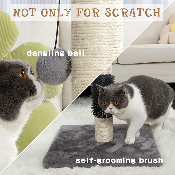 ANWA Tall Cat Scratching Posts for Indoor Cats and Kittens, 32” Vertical Scratching Post with Reinforced Base, Premium Sisal Cat Scratching Post with Dangling Plush Ball and Self-Grooming Brush