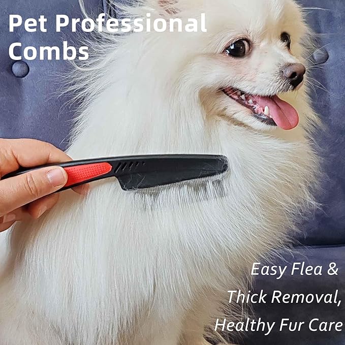 2 Pieces Fine Tooth and Wide Tooth Dog Grooming Comb - Rubber Handle Hair Comb for Small Dogs & Cats with Flea and Tick Removal (2PCS, Black Red)