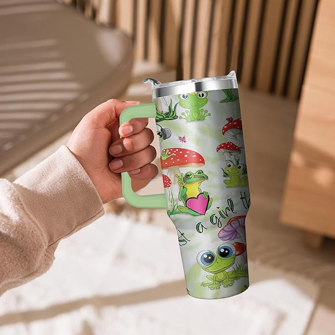 40 Oz Frog Tumbler with Handle and Straw - Double Wall Stainless Steel Insulated Coffee Mug - Leak Proof - Perfect Frog Gifts