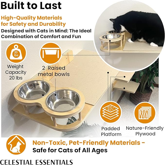 Cat Wall Shelves by CELESTIAL ESSENTIALS –Modern Wall-Mounted Cat Climbing Shelves with Bowls, Steps, Hammock, Carpet Bed, Spacious Perching Shelf, Sturdy Furniture Gift, Special Sale!