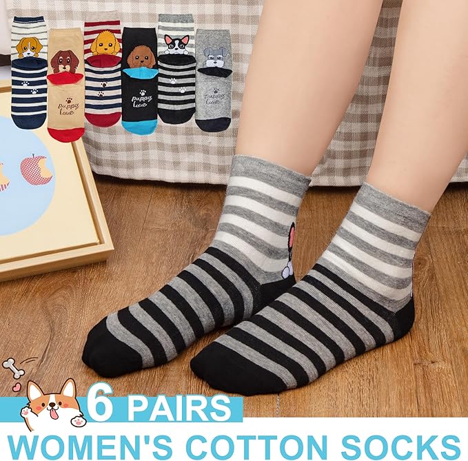 6 Pairs Women's Cute Cat Socks, Funny Novelty Animal Print Crew Cotton Socks Christmas Gifts for Women Girls