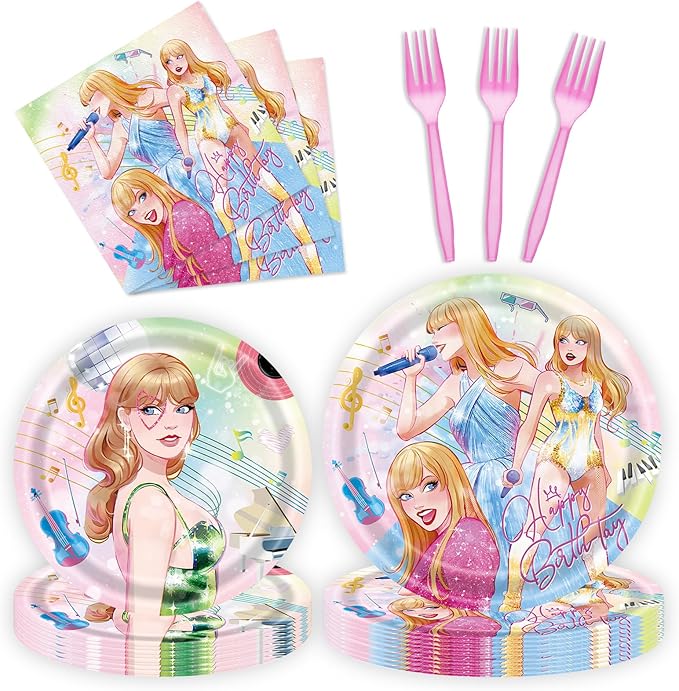 96 Pcs Birthday Plates and Napkins Party Supplies, Disposable Forks Paper Dessert Tableware Green Cartoon Decorations Table Dinnerware Favors Set, Serves 24