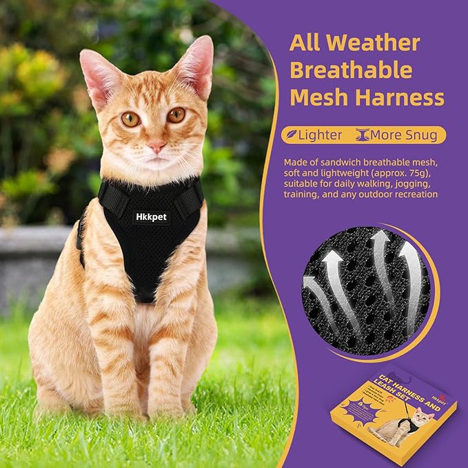 Adjustable Cat Harness and Leash Set for Outdoor Walking, Soft Breathable Mesh Cat Harness with Reflective Strips,Escape Proof Safe Cat Vest Harness, Black (M)