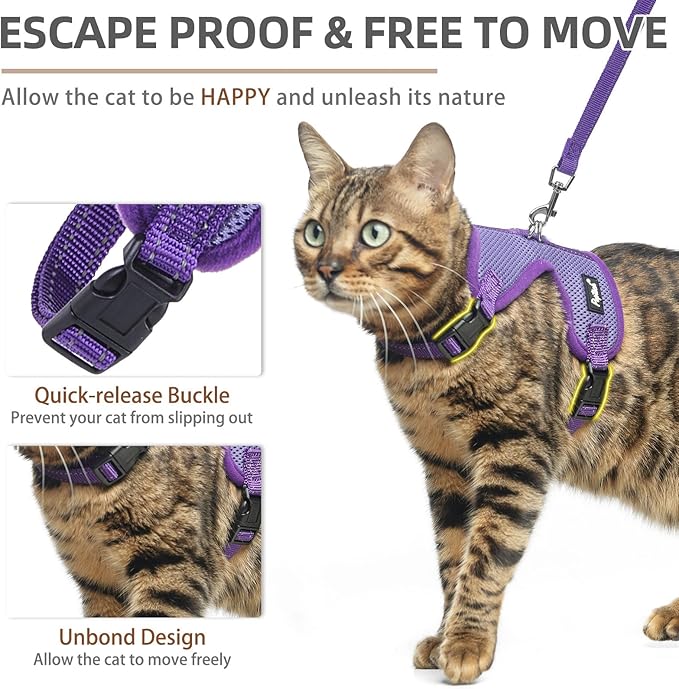 PUPTECK Cat Harness and Leash Set Escape Proof, Reflective Adjustable Soft Mesh Kitten Vest Harness for Walking Travel, Purple, M