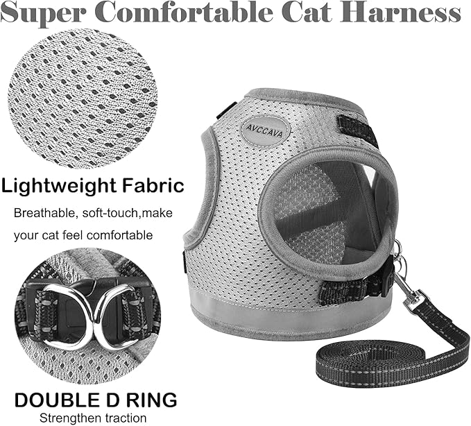 Cat Harness and Leash for Walking, Kitten Escape Proof Harnesses, Adjustable Reflective Puppy Harness with Leashes Set, Easy Adjustable Soft net Breathable Pet Safety Vest XS (Chest: 6" - 8") Grey