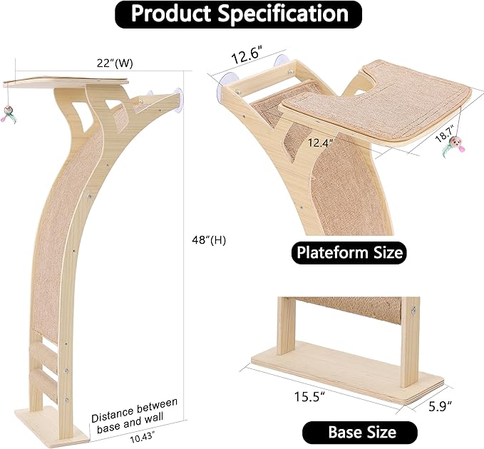 Cat Window Perch with Scratcher Ramp, 48" Climbing Tree Suctions Cups to Window Maximum Hold Up to 45lb, Wood Window Shelf for Small Medium Indoor Cats