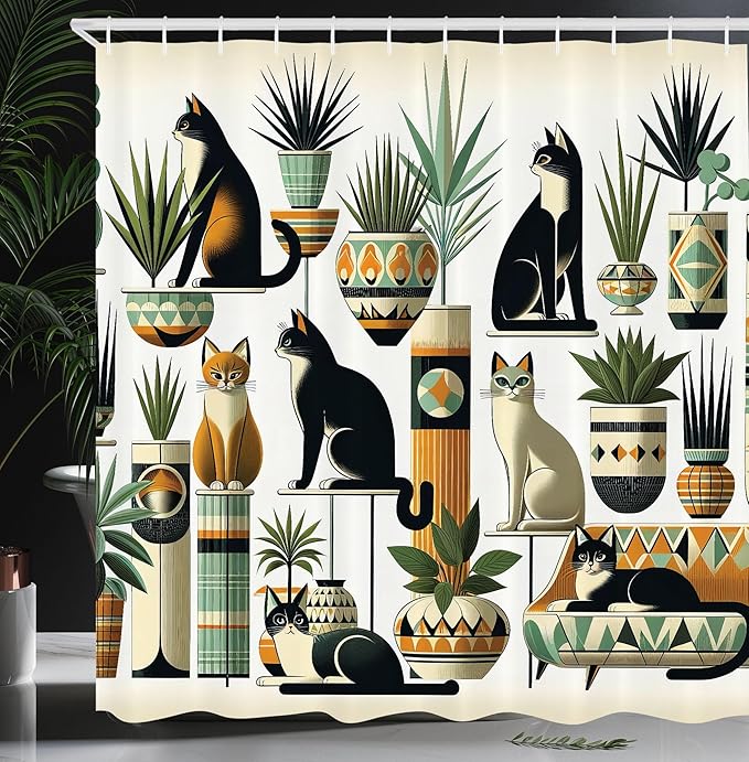 Ambesonne Cat Shower Curtain, Boho Ethnic Style Design with Kitties Sitting and Laying Poses Botanical, Cloth Fabric Bathroom Decor Set with Hooks, 69" W x 70" L, Black Ginger Mint Green