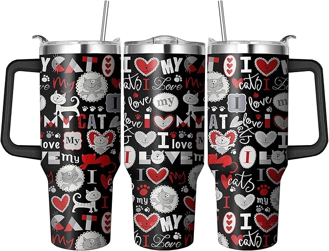 40 Oz Cat Tumbler With Straw and Handle, Double Wall Stainless Steel Coffee Mug, Insulated for Cat Lovers, Mom or Dad Cups Gifts for Women