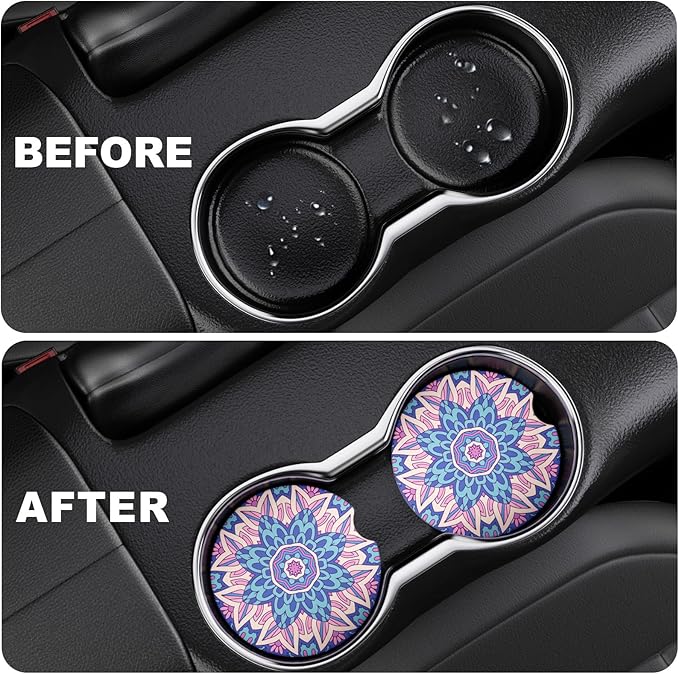 2 Pack Car Cup Holder Coasters, 2.63 inch Anti Slip Insert Absorbent Ceramic Coasters with Cork Base and Finger Notch, Cute Car Accessories Interior for Women