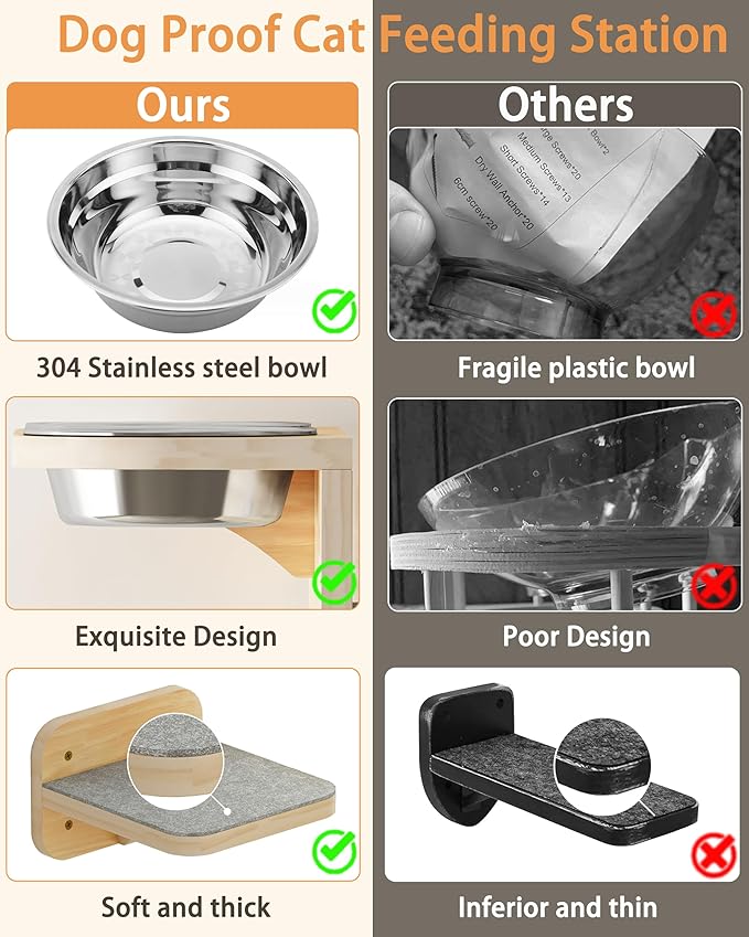 Meidok Cat Wall Furniture,Cat Wall Shelves,Dog Proof Cat Feeding Station with 3 Wide Wall Steps and 2pices 304 Stainless Steel Bowl Cat Feeding Shelf for Cats up to 25 Lbs - Wood Color