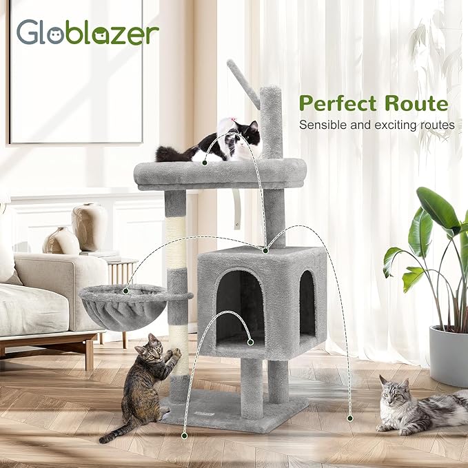 F46C Versatile Play Cat Tree Tower | 46-Inch Sturdy Cat Condo with Scratching Posts, Hammock, Multiple Platforms & Anti-Tip Kit for Large Multi-Cats | Premium Quality Materials, Light Gray