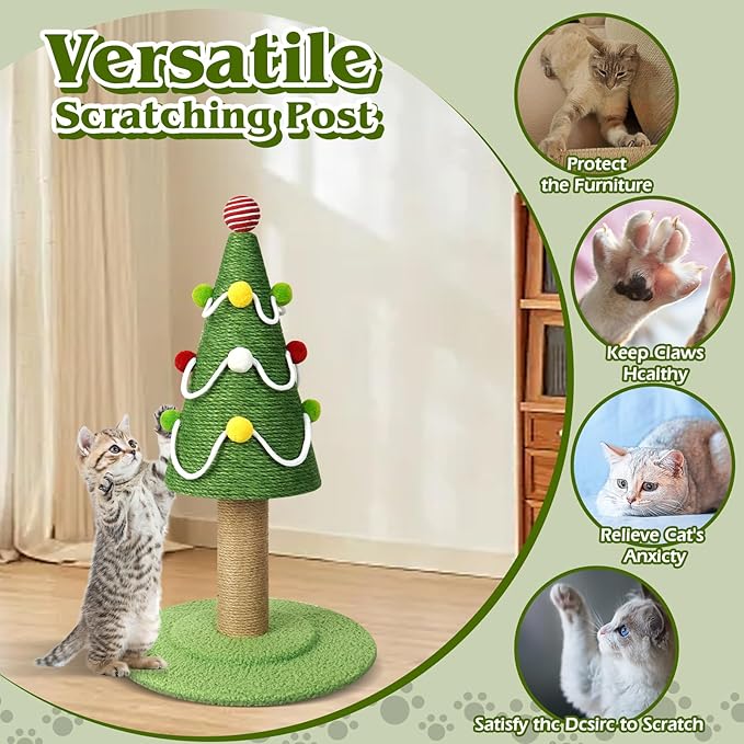 Christmas Tree Cat Scratching Post, Comes with A Christmas Cat Collar, Natural Sisal Rope Cat Tower to Satisfy Cats’ Claw Instincts, Christmas Decor Sisal Rope Cat Toys for Kitty and Adult Cats