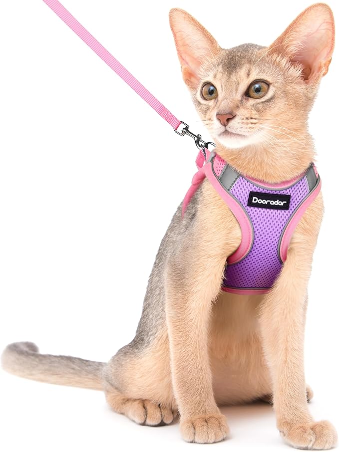 Dooradar Cat Harness and Leash Set, Escape Proof Lightweight Kitten Harness, Soft Breathable Reflective Vest for Outdoor Walking Traveling, Adjustable for Medium Cats, Purple & Pink, M