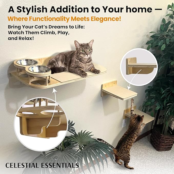 Cat Wall Shelves by CELESTIAL ESSENTIALS –Modern Wall-Mounted Cat Climbing Shelves with Bowls, Steps, Hammock, Carpet Bed, Spacious Perching Shelf, Sturdy Furniture Gift, Special Sale!
