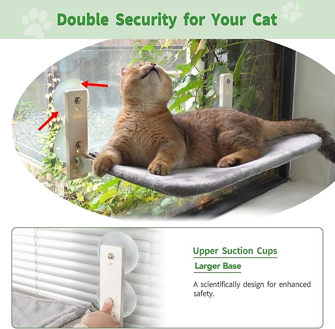 Cordless Foldable Cat Window Perch, Cat Hammock Update Secure Hold with 4 Cone Shape Suction Cups and 2 Sturdy Larger Base,Glass Windows Hammock for Cats Inside (Grey Medium)