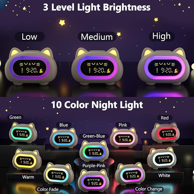 Alarm Clock for Kids, Ok to Wake Clock for Kids with Eye Protection Sleep Training Auto Off Feature 10 Night Light Dual Alarm, Kids Alarm Clock for Girls and Boys, Cute Cat
