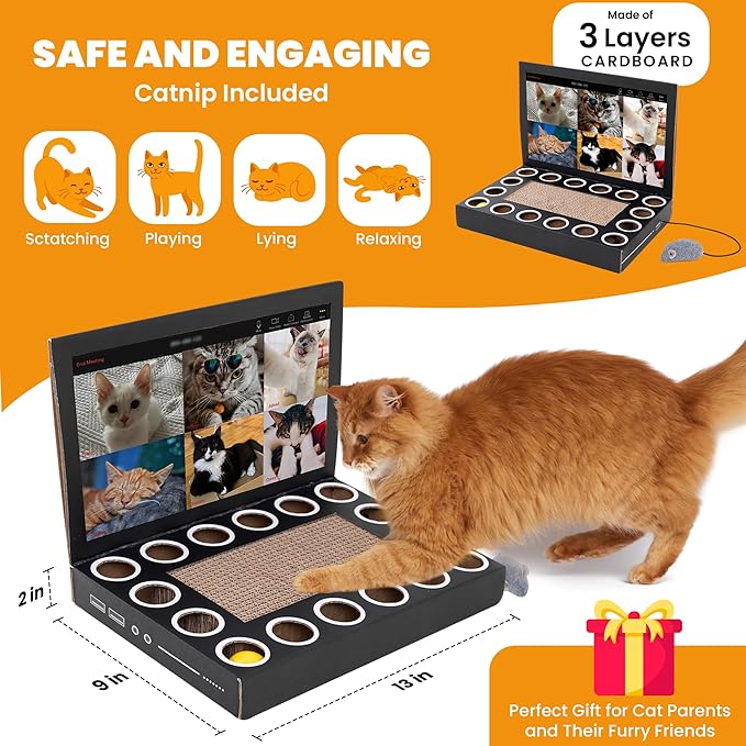 Cardboard Laptop for Cats - Scratcher with Mouse - Interactive Cat Toys for Indoor Cats - Kitten Supplies - Kitten Toy