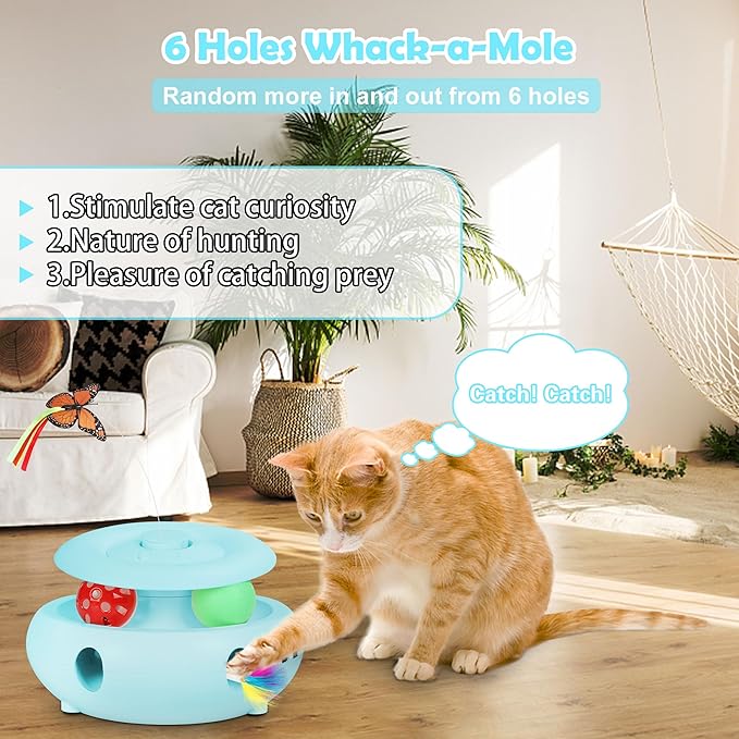 3-in-1 Interactive Cat Toys for Indoor Cats, Automatic 6 Holes Mice Whack-A-Mole, Fluttering Butterfly, Track Balls, USB Rechargeable, Ultra Fun Smart Interactive Kitten Toy (Tiffany Blue)