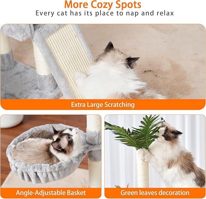 Heybly Cat Tree,Cat Tower for Indoor Cats, 65.4 inches Cat Condo with Perches, Basket, Feeding Bowl Station, Multi-Level Plush Furniture with Scratching Posts, Light Gray HCT015W