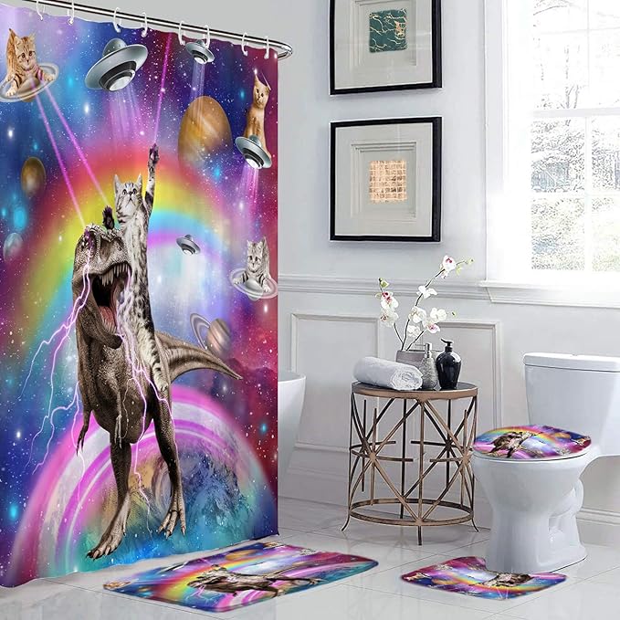 4 Pcs Cosmic Cat Shower Curtain Sets, Funny Space-Themed Bathroom Decor with UFO Cats Rainbows and Lightning T-Rex, Includes Toilet Cover and Rugs, Colorful Galaxy Bath Accessories, 72''x 72''