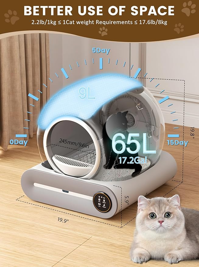 (2025) Self Cleaning Litter Box, Upgraded Robot Automatic Litter Box for Multiple Cats, 65L+9L Extra Large, Features Negative ion Sterilization and Deodorization, APP Control, Health Monitor