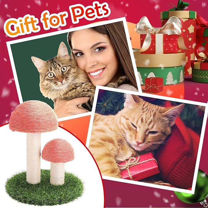 PowerKing Mushroom Cat Scratching Post, 15 x12 Inches Claw Scratching Post for Kitty, Natural Sisal Cat Scratchers Pole, Cat Interactive Toys, Cat Tree Tower (Pink)