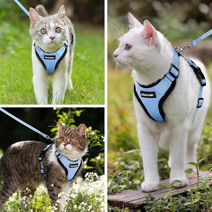 Dooradar Cat Harness and Leash Set, Escape Proof Safe Adjustable Kitten Vest Harnesses for Walking, Easy Control Soft Breathable Mesh Jacket with Reflective Strips for Cats, Light Blue, M