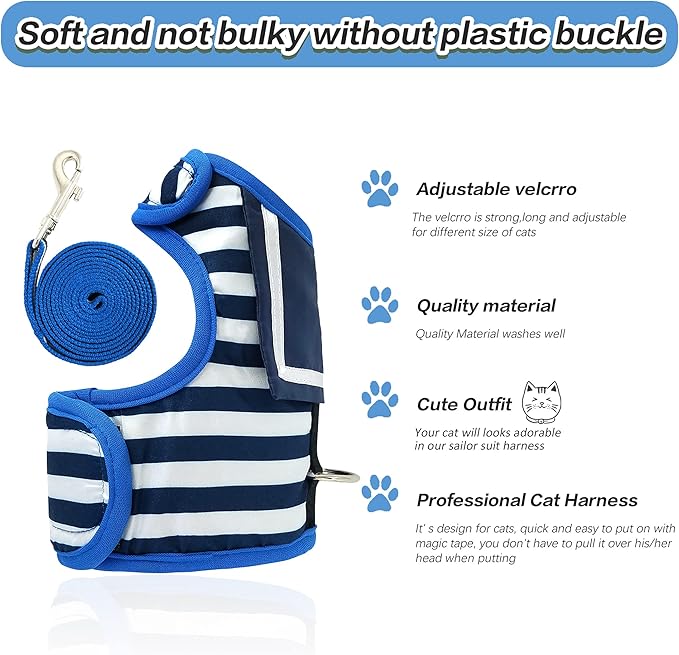 Cat Harness and Leash for Walking Escape Proof, Adjustable Cat Vest Harness, Padded Stylish Cat Walking Jackets, Sailor Suit Navy, Extra Large