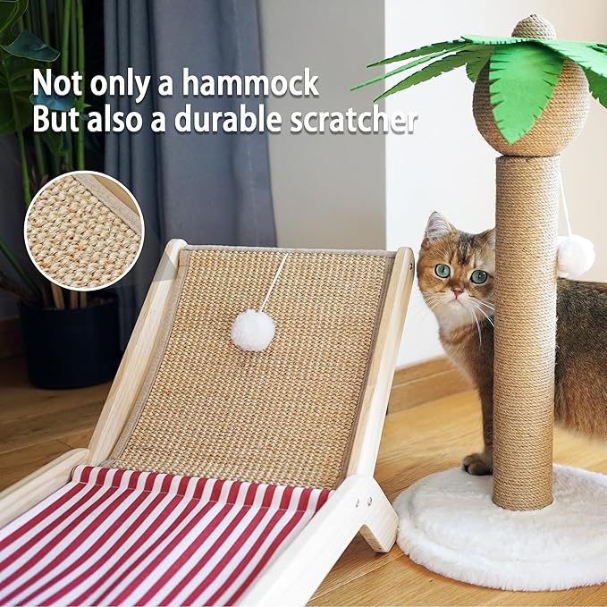 PETKARAY Beach Chair Cat Hammock, Elevated Cat Beds for Indoor Cats, Original Cozy Cat Lounger with Sisal Scratcher and Toy Ball