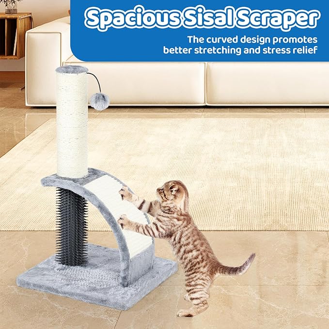 Tall Cat Scratching Post with Groomer, 19.6" Scratching Post with Wood Frame, Stable Sisal Cat Post with Extra Interactive Dangling Plush Toy,Protect Furniture